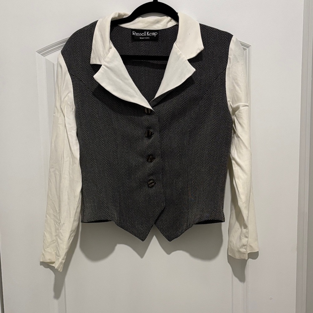 Russell Kemp Black Herringbone Vest with White Sleeves and Collar